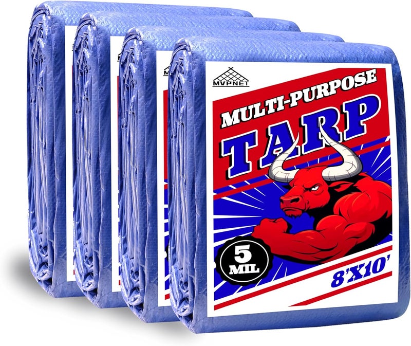 MVPNET Tarp 8x10(4 Packs) ft 100% Waterproof Uv Resistant High Durability Multipurpose 5mil Blue Tarp for Covering Courtyards, Cars, Camping, Gardens, Pet Nests -by - Image 1